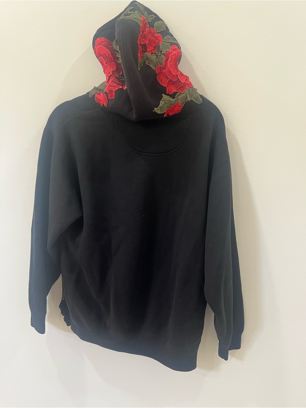 Women's Black Hoodie Sweater with Red Floral Embroidered Hood